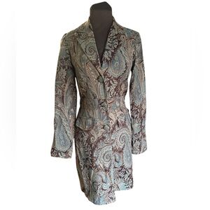 Y2K Charlotte Russe Paisley Jacquard Blazer Jacket 7/8 Brown Blue Boho Tailored